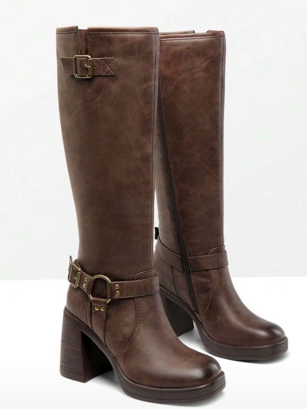 Dream Pairs Tall Brown Leather Block Heel Knee Boots
